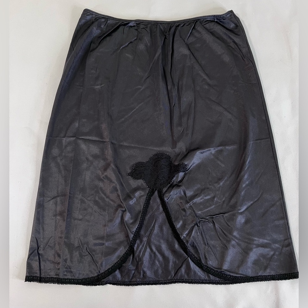 Vintage JCPenney Black Nylon Slip Skirt Lace Side Slits Sexy Sz Medium 12/14